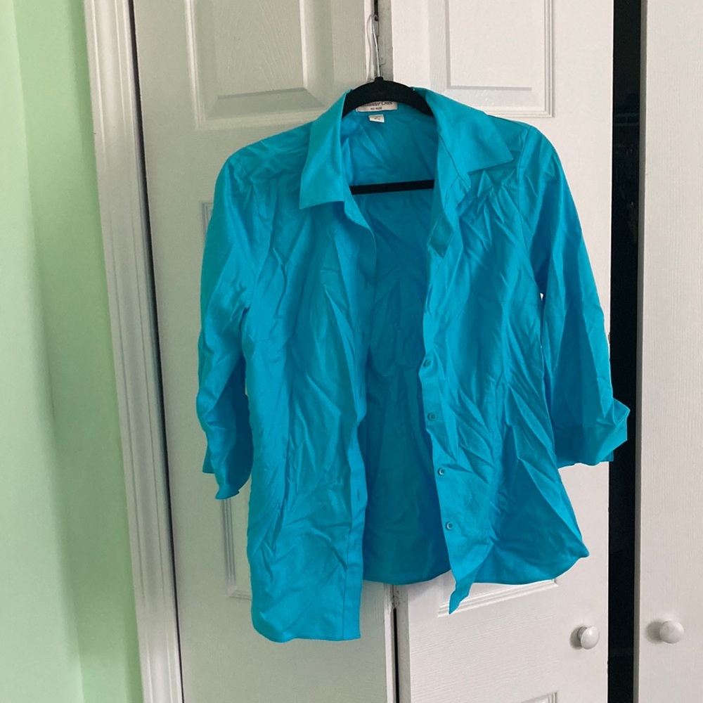 Blue three quarter sleeve women button down shirt